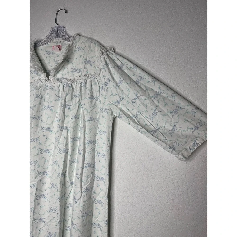Honors Intimates Vintage Floral Cotton Nightgown White Blue Lace Trim XXL